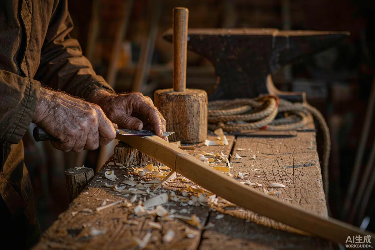 Bowyer shaping a wooden bow by hand